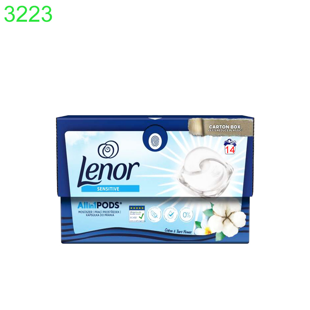 Капсули за пране Lenor all in 1 pods Sensitive Cotton and Tiare flower Универсални 14бр в кутия 0.575лв/бр !!! ПРИ НАД 4 КУТИИ